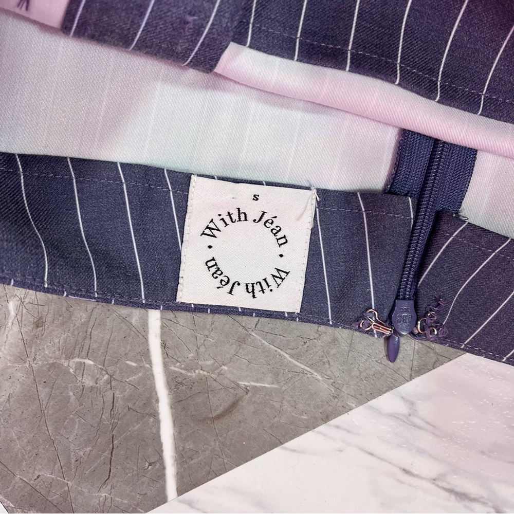 With Jean Navy Pinstripe Mini Skirt with Safety Pin Accents - Picture 2 of 5
